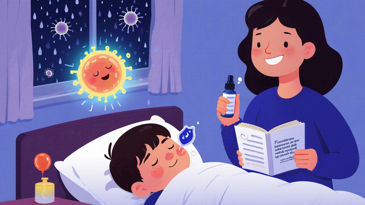 Niño durmiendo tranquilo con un spray nasal y una célula inflamatoria que se desvanece como un globo.