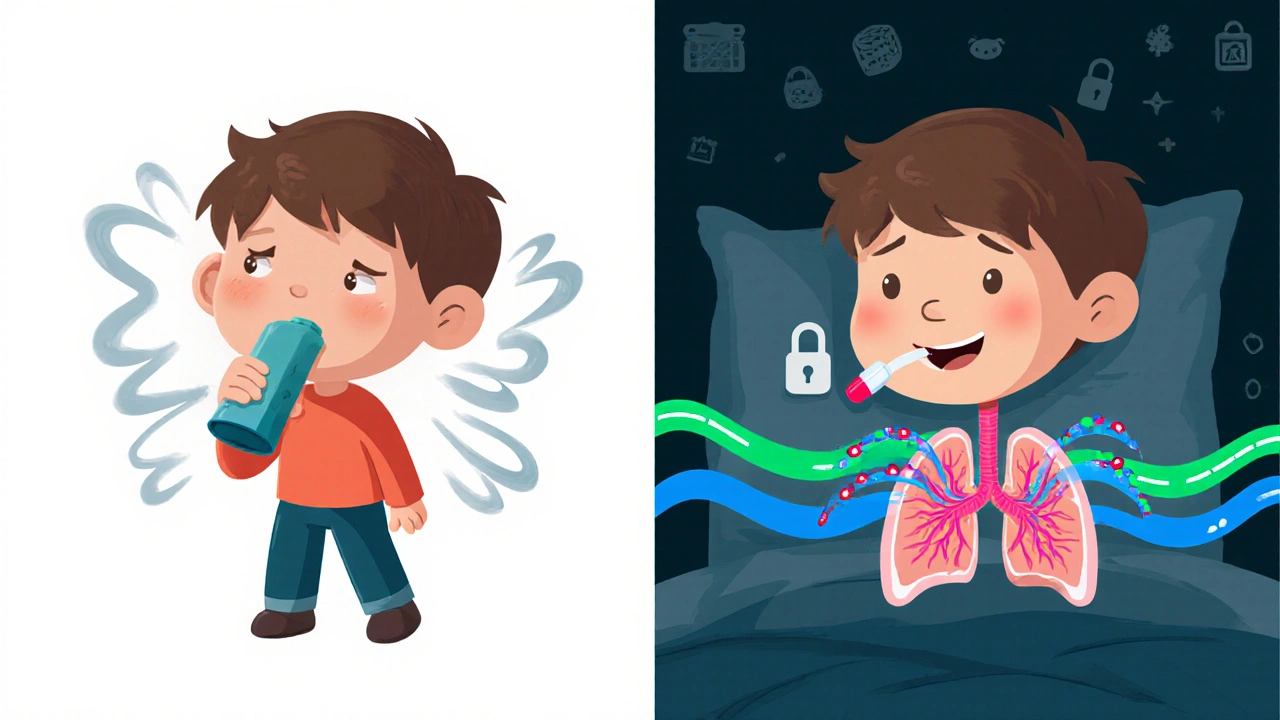 Niño usando una pastilla en lugar de un inhalador, con vías respiratorias más tranquilas.