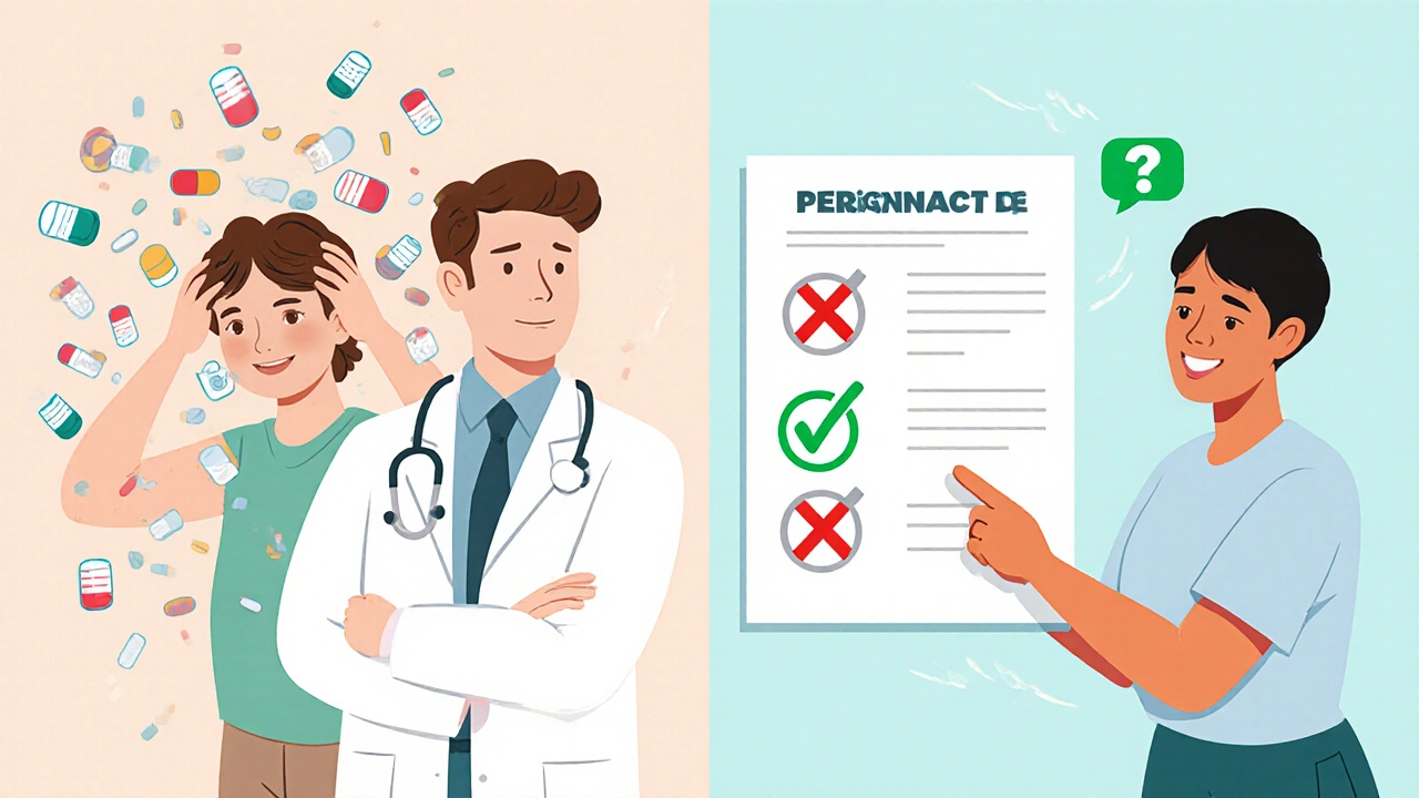 Paciente comparando confusión con medicamentos vs. explicación clara de farmacéutico en ilustración dividida.