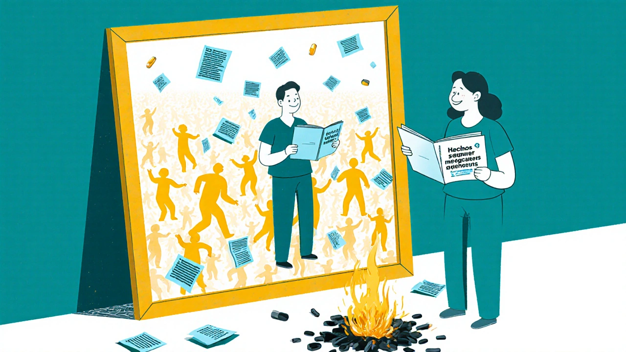 Paciente lee un folleto y ve su reflejo sano, rodeado de millones de personas que toman genéricos con alegría.