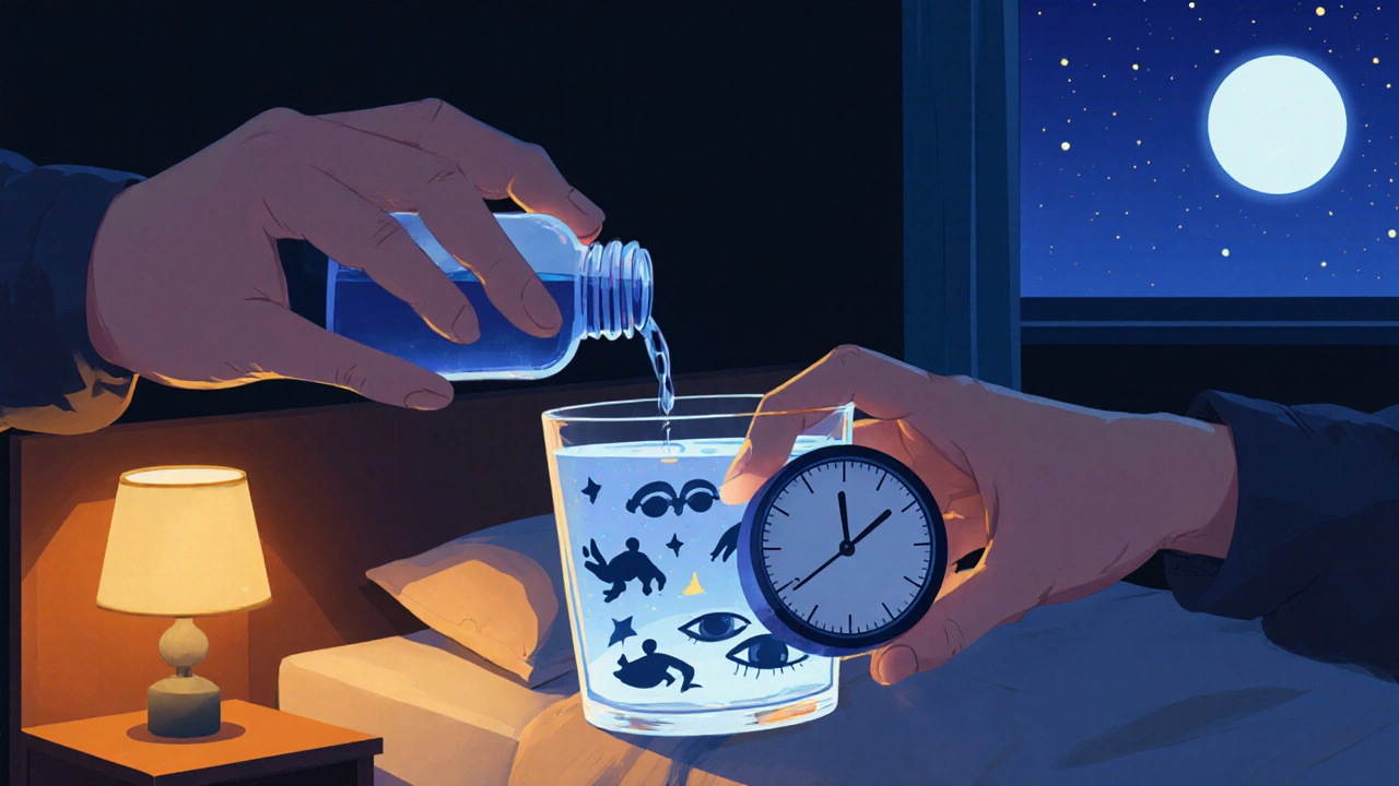 Paciente tomando oxibato de sodio a medianoche, con sueños flotantes y reloj marcando la hora.