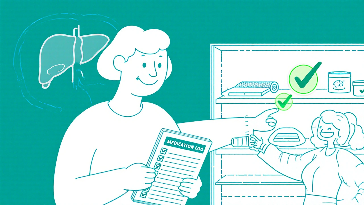 Persona con libro de registro y farmacéutico mostrando alternativas seguras al dolor.