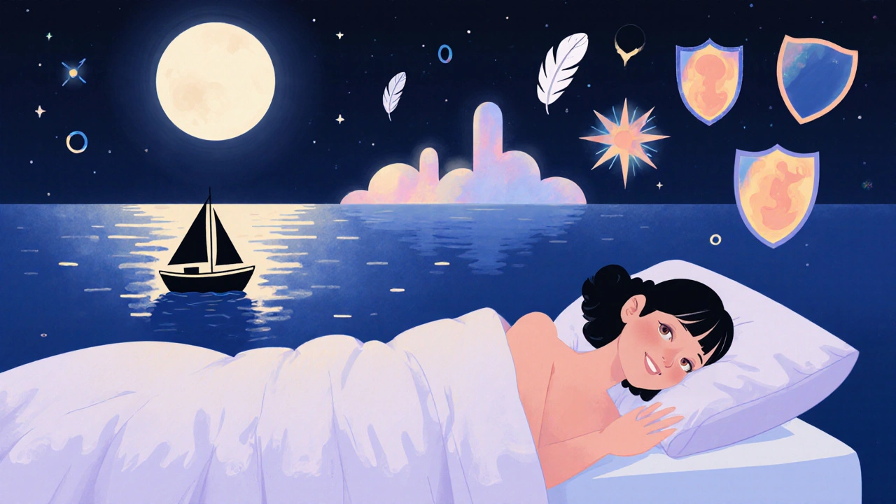 Persona durmiendo en paz, con un sueño transformado de mar y barca flotando sobre ella en tonos suaves.