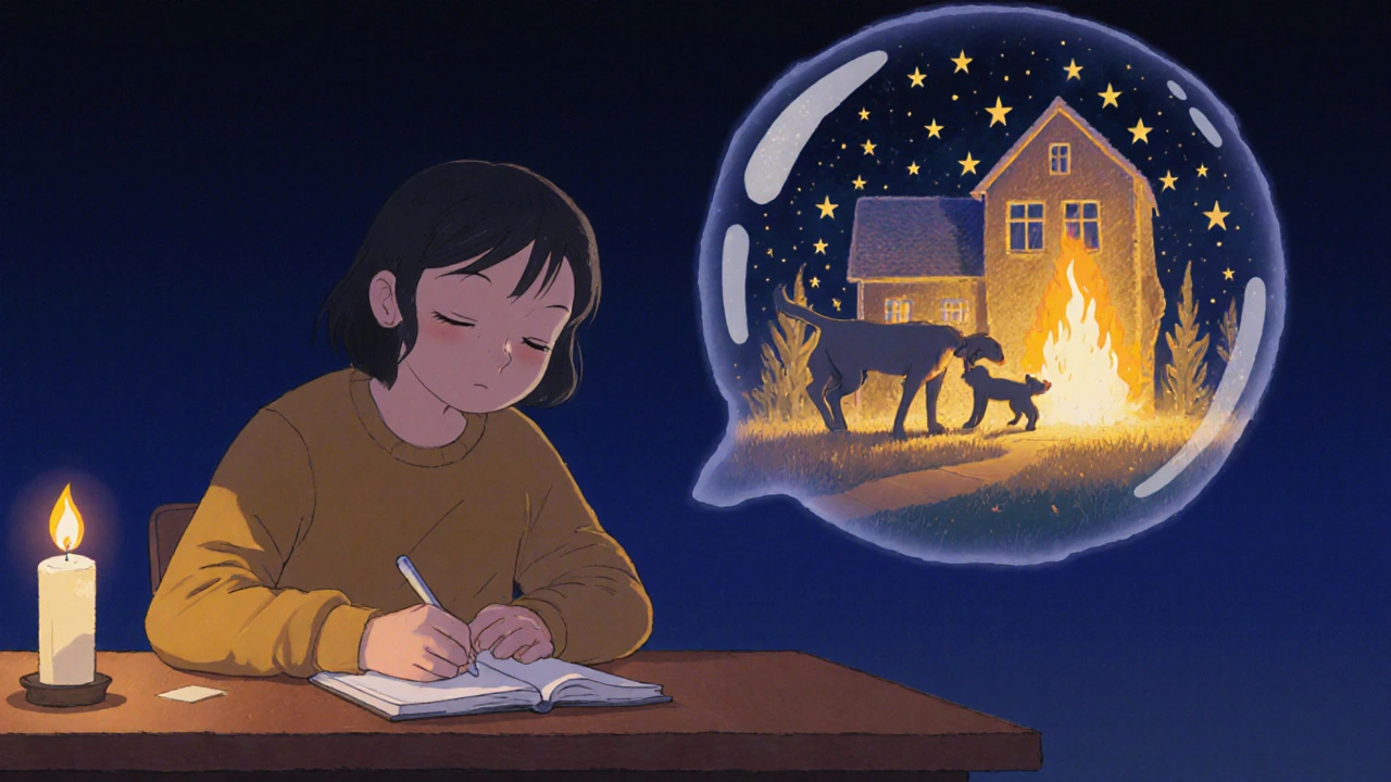 Persona escribiendo una nueva versión de su pesadilla, con una imagen transformada y tranquila flotando al lado.