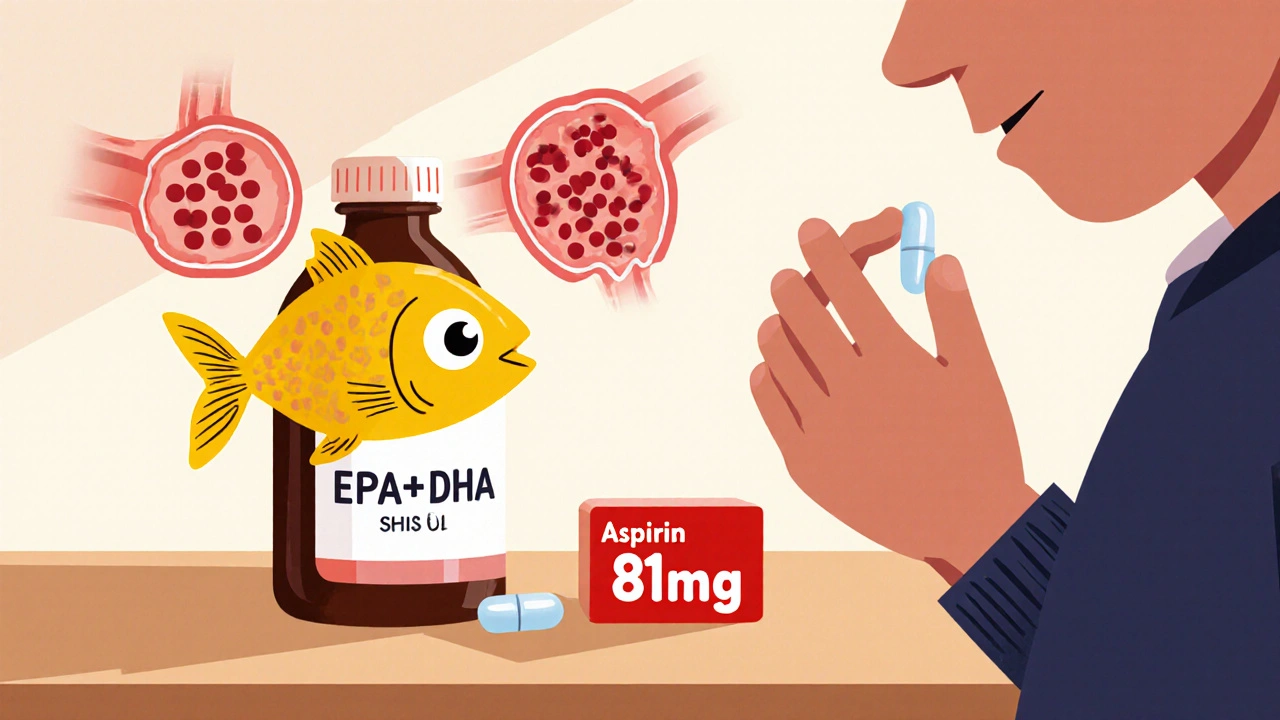 Persona tomando aceite de pescado y aspirina en la cocina, botella con forma de pez y pastilla roja sobre el mostrador.