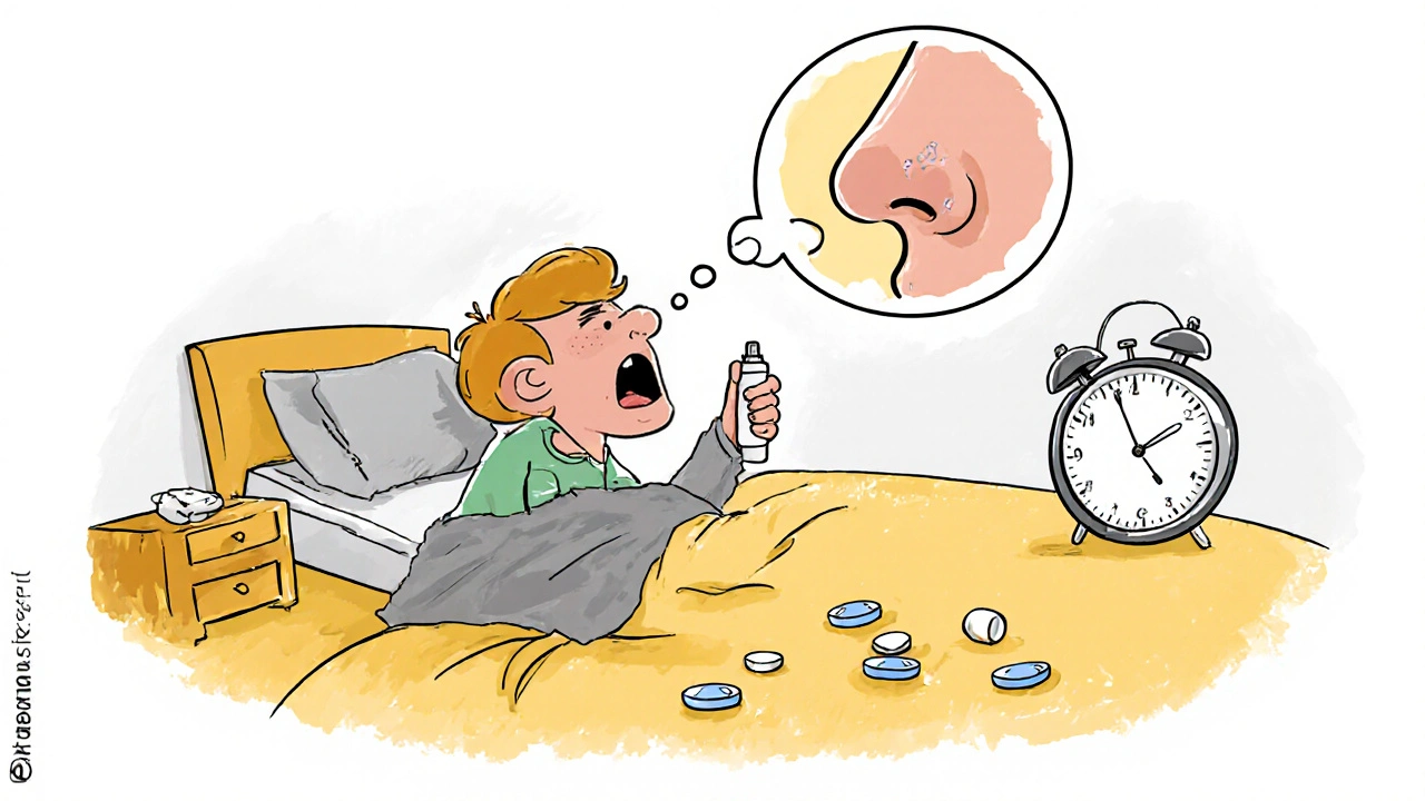 Persona usando correctamente un spray nasal en la cama, con píldoras de antihistamínico descartadas al lado.