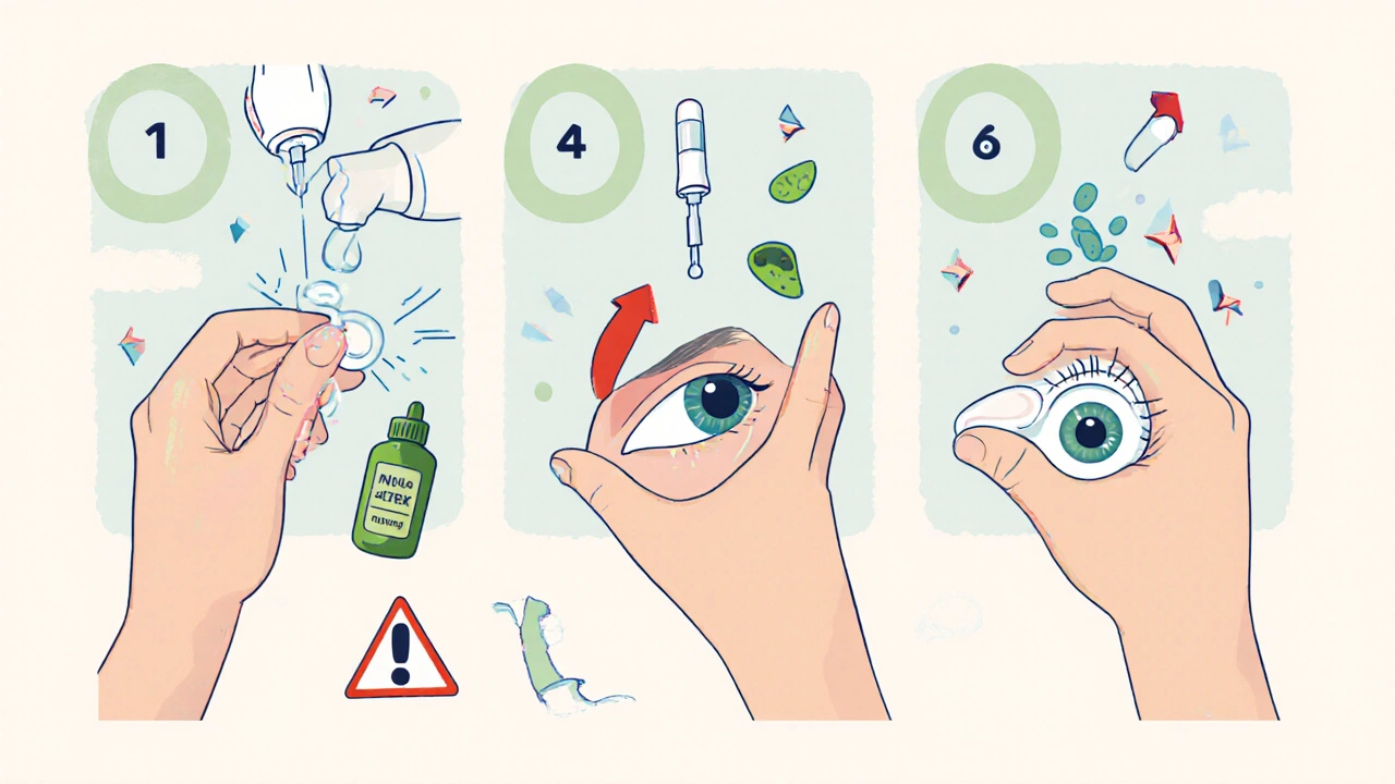 Secuencia ilustrada de cómo aplicar correctamente gotas oculares con detalles de higiene.