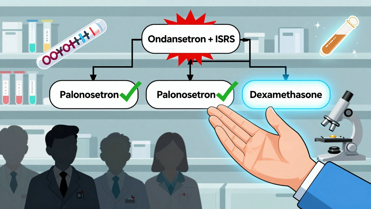 Árbol de decisión médica con opciones de antieméticos: una peligrosa, dos seguras, con símbolos de genética y prevención.
