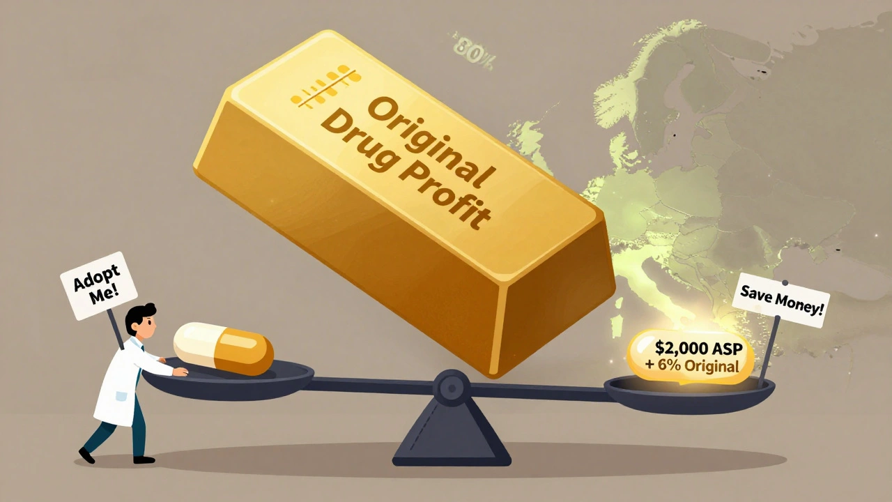 Balanza que compara ganancias de medicamento original vs. biosimilar, con Europa brillando mientras EE.UU. está oscuro.