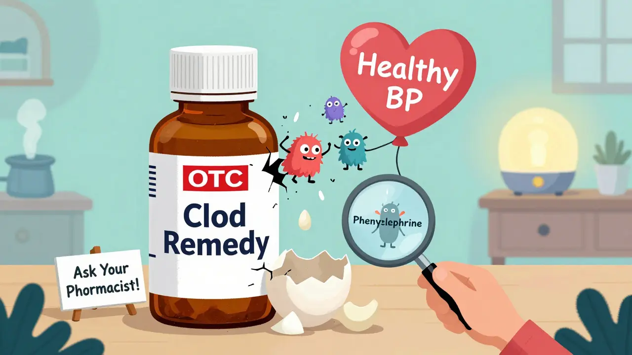 Botella de medicamento que libera monstruos que asfixian un corazón, mientras persona revisa etiqueta con lupa.