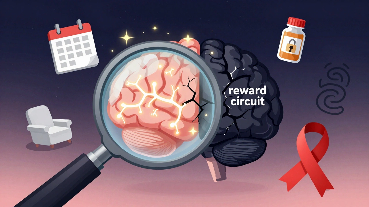 Cerebro ilustrado en dos estados: activo y apagado, con símbolos de dependencia y recuperación alrededor.