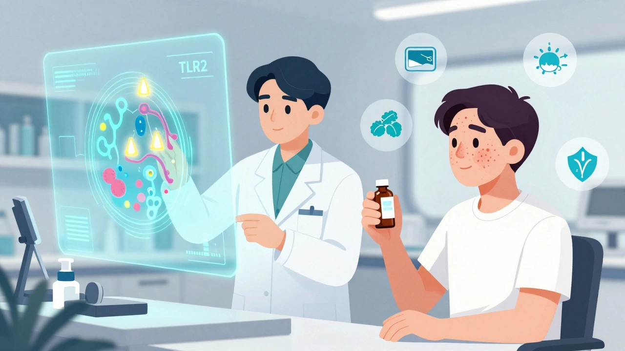 Científico analizando un mapa del microbioma cutáneo en una pantalla holográfica, con símbolos de hábitos saludables flotando alrededor.