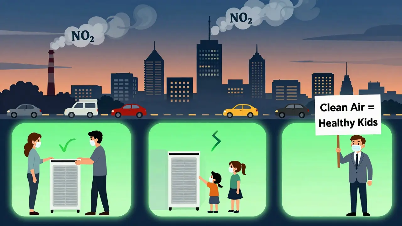 Ciudad con contaminación y acciones comunitarias para aire limpio, en estilo ilustrado.