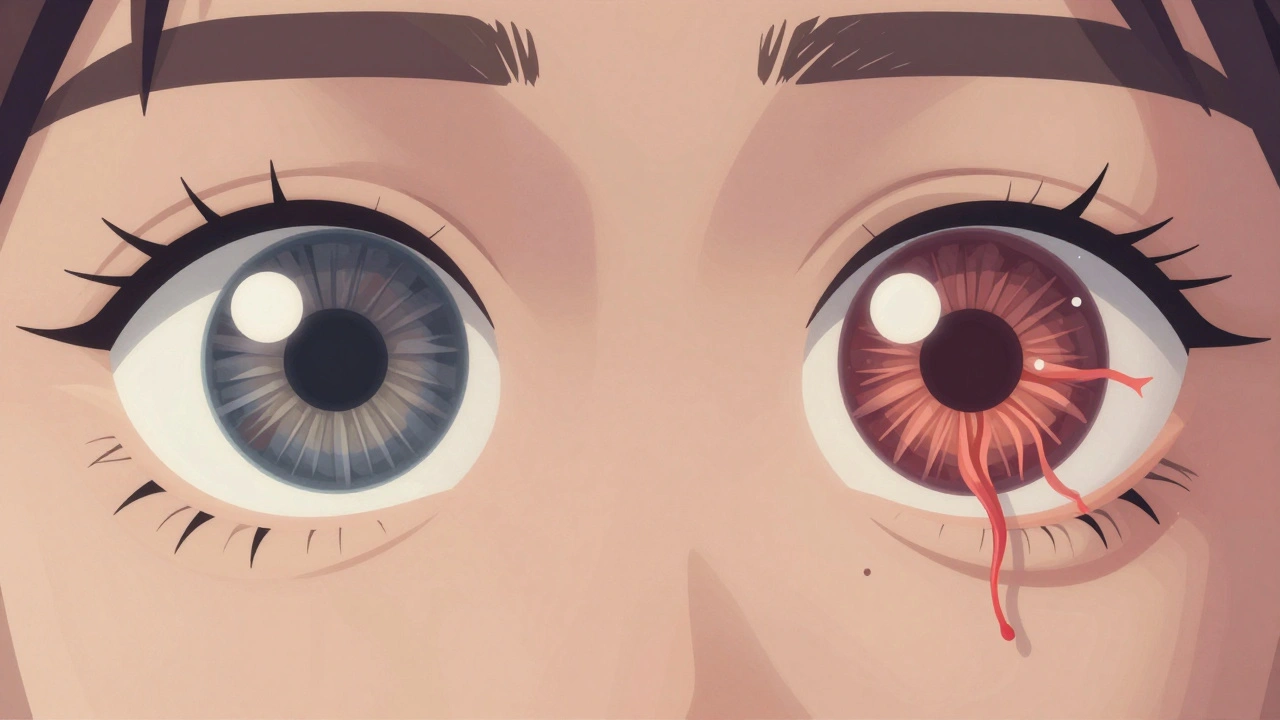 Comparación de dos ojos: uno sano y otro dañado con canales obstruidos.