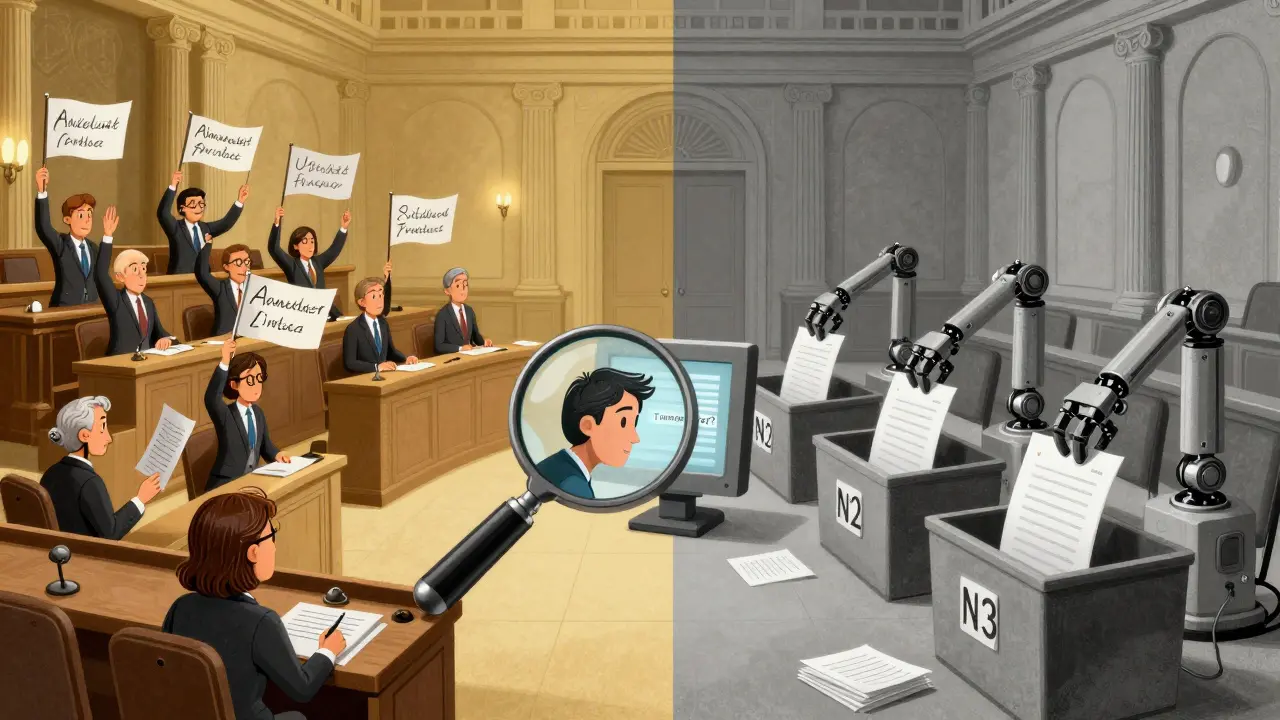 Comparación visual entre el Senado abierto y la Cámara burocrática, con un ciudadano observando.