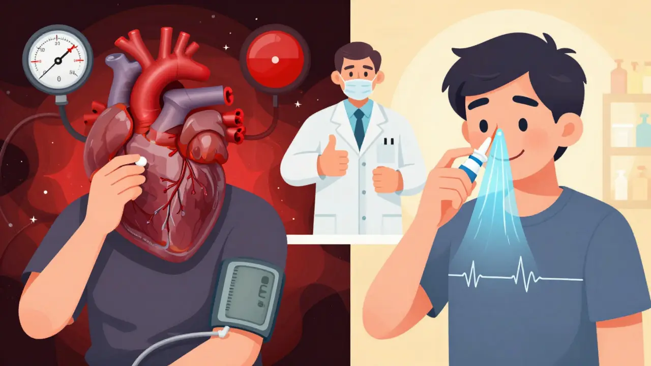 Comparación visual entre medicamento peligroso y alternativa segura para congestión nasal en hipertensión.