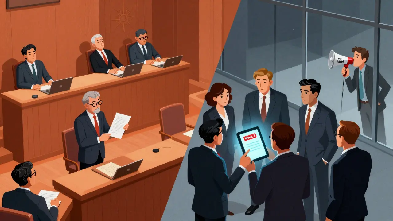 Escena dividida: el Senado relajado a la izquierda, la Cámara rígida a la derecha, un ciudadano observando desde fuera.