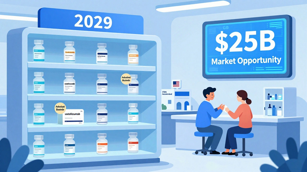 Estantería de fármacos biológicos con etiquetas de biosimilares autorizados, producidos en EE.UU. y entregados a pacientes.