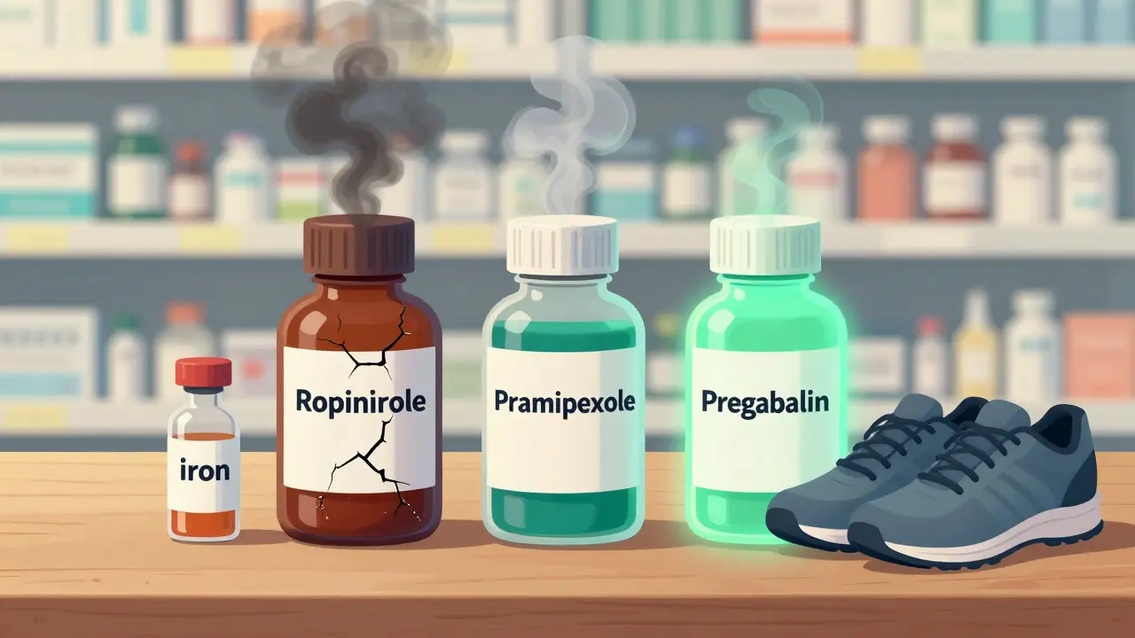 Estantería de medicamentos para RLS, con Pregabalin brillando suavemente mientras los otros emiten humo oscuro.
