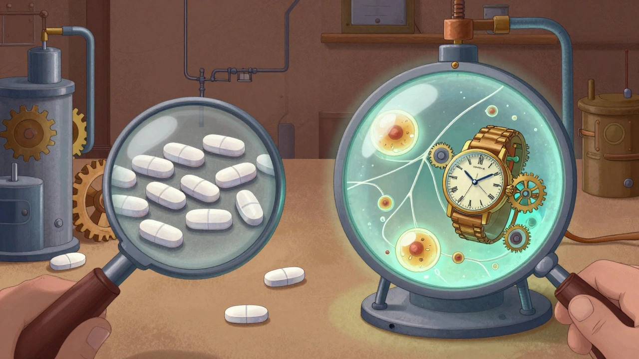 Fábrica de aspirina vs. reactor biológico con células vivas formando proteínas como relojes.