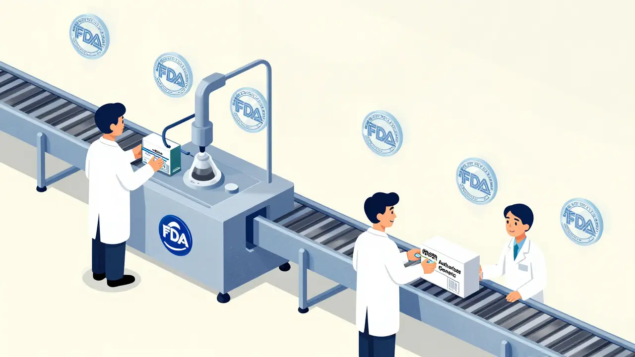 Fábrica farmacéutica con dos líneas de producción idénticas, una con marca y otra como genérico autorizado.