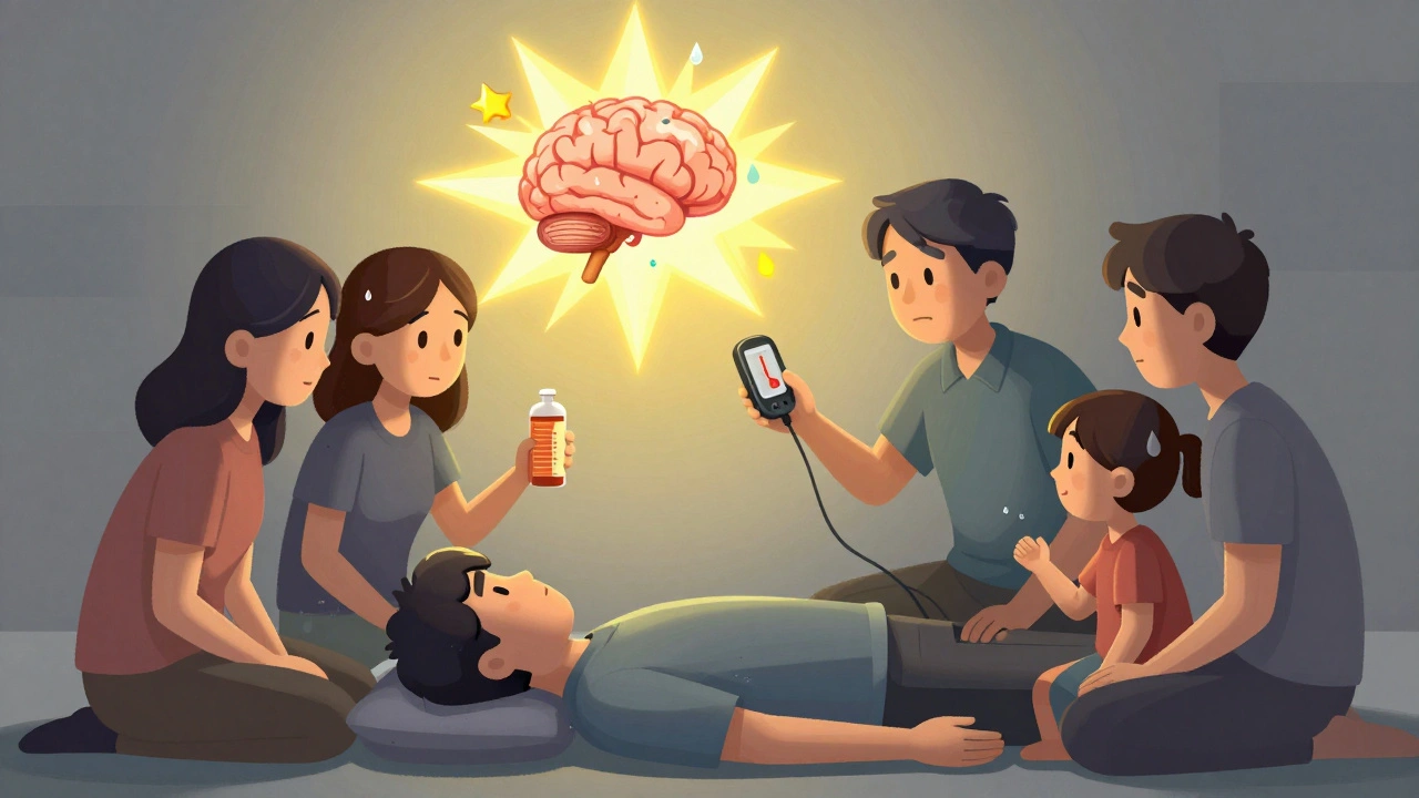 Familia ayuda a alguien con hipoglucemia, una gota de sudor se convierte en estrella brillante.