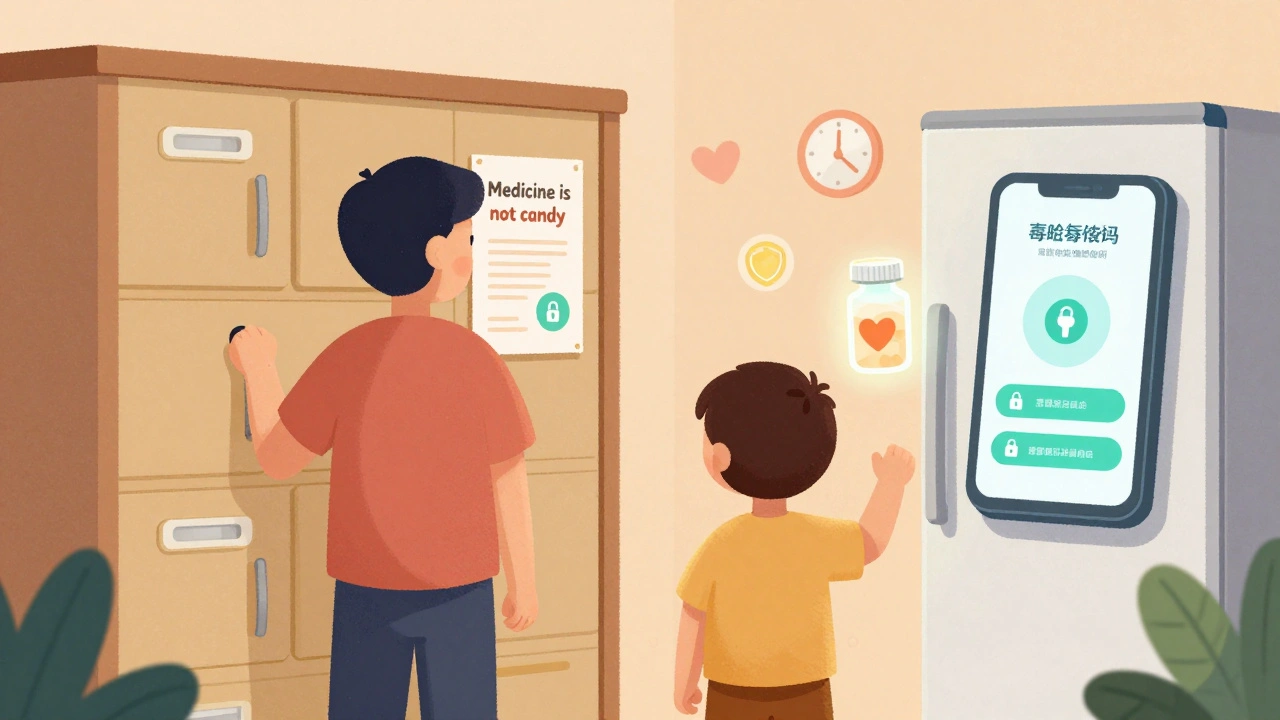 Familia revisa el almacenamiento seguro de medicamentos con gabinetes cerrados y un recordatorio en la nevera.