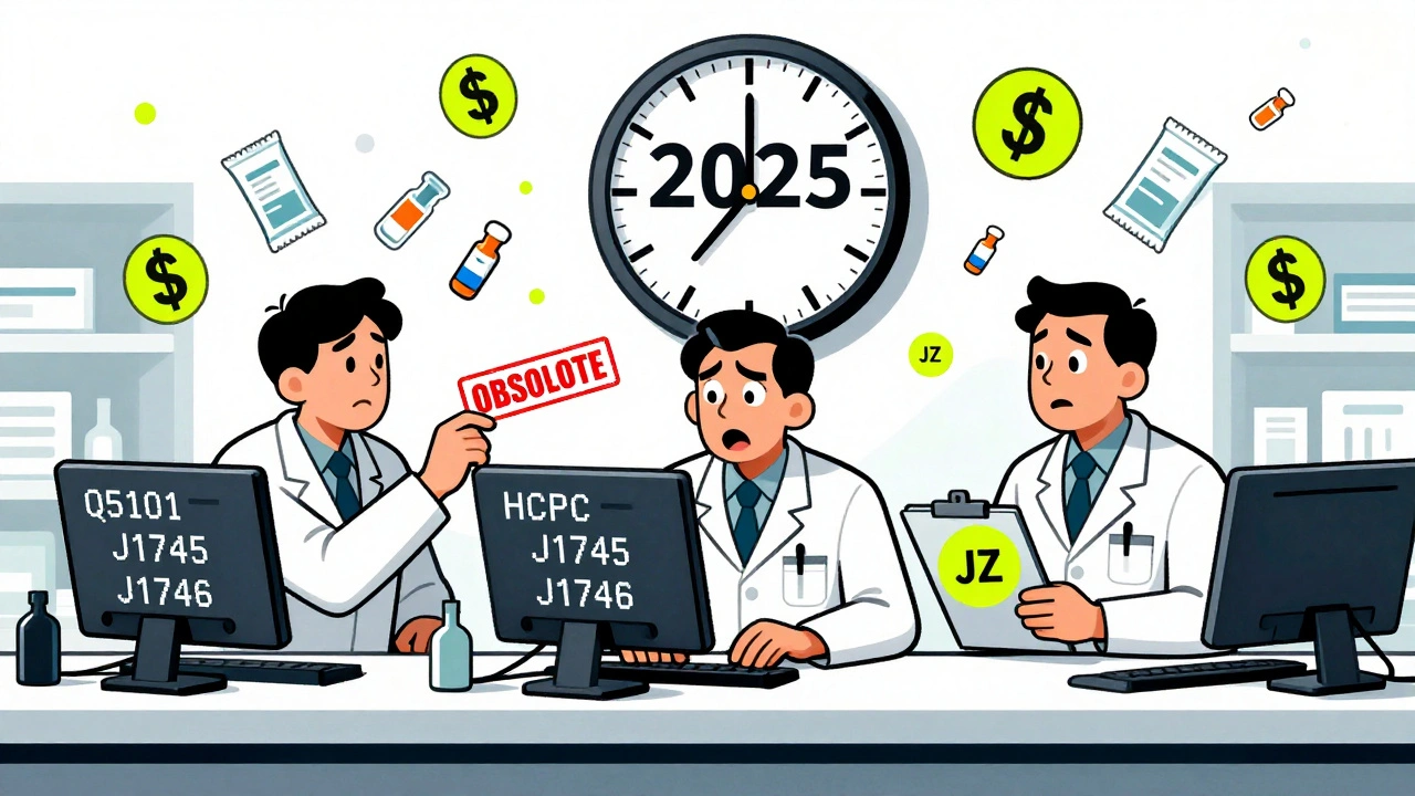 Farmacéuticos revisando códigos HCPCS cambiantes en pantallas digitales, con etiquetas obsoletas y el modificador JZ destacado.