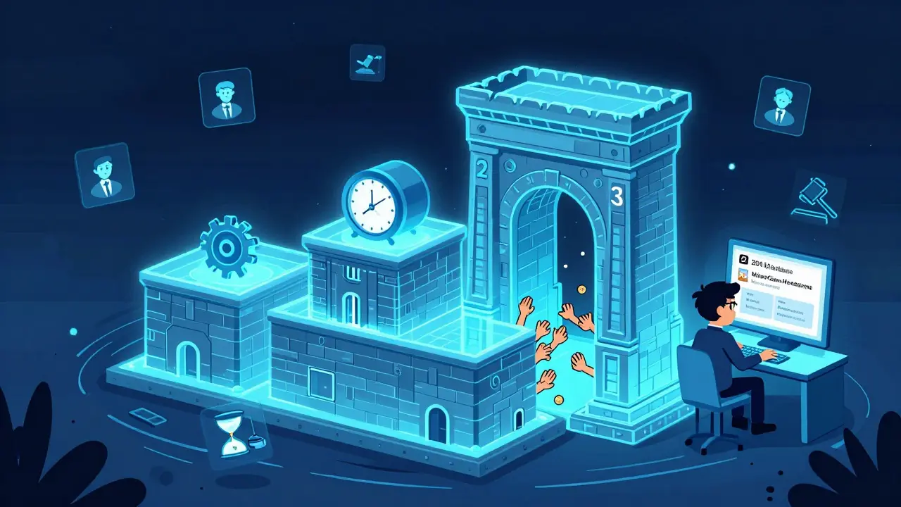 Interfaz digital del Amendment Exchange Portal con tres niveles de aprobación, un legislador frustrado frente a errores técnicos.