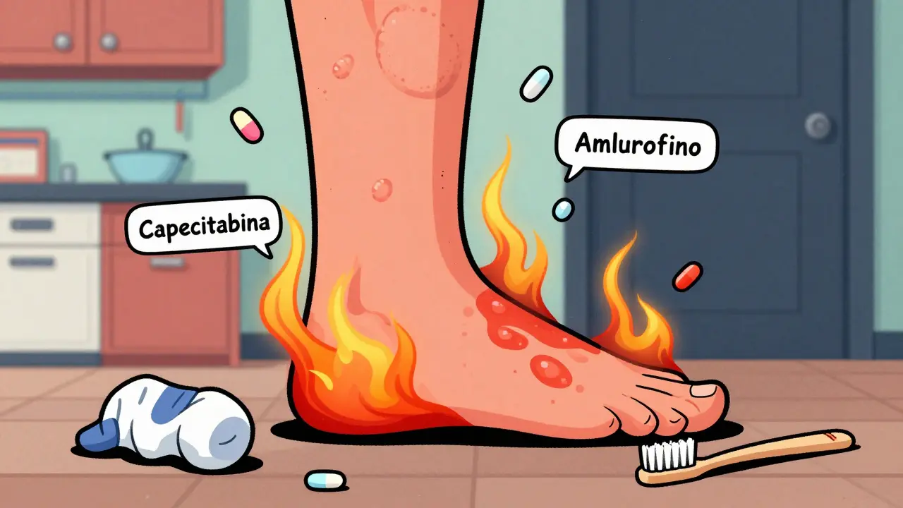 Mano y pie con enrojecimiento y ampollas, rodeados de pastillas medicamentosas y símbolos de dolor.