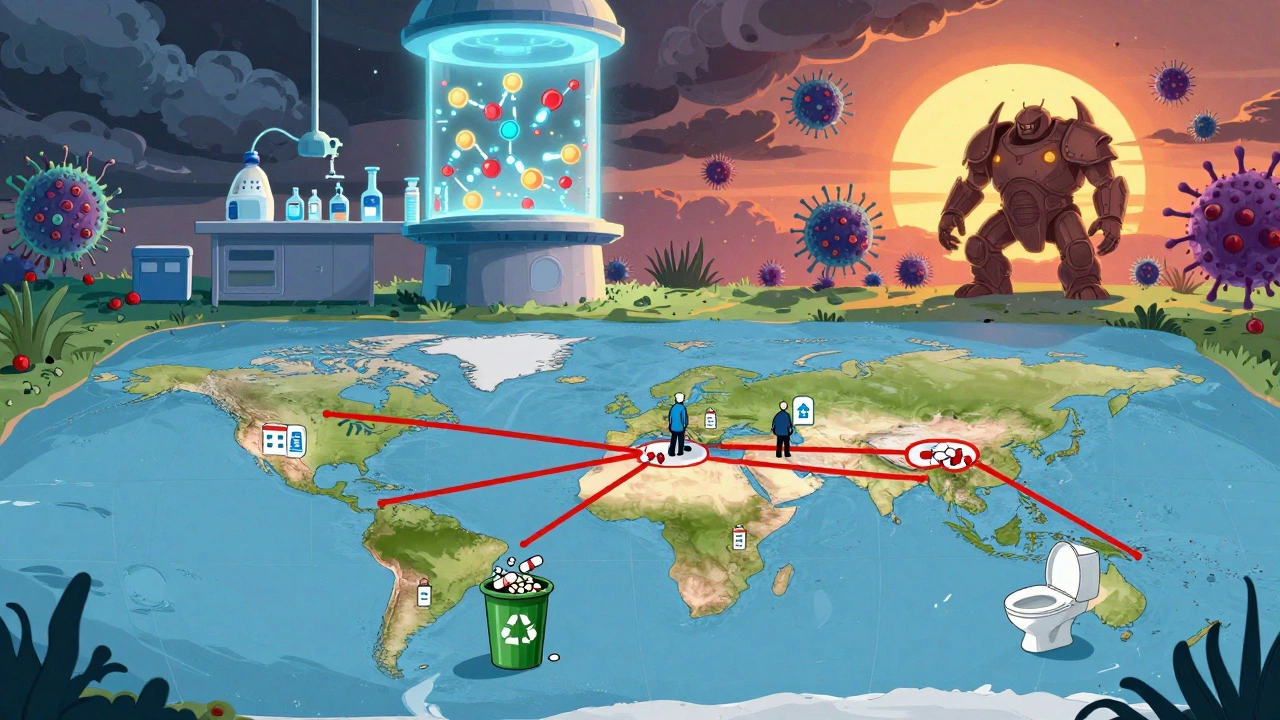 Mapa global con resistencia a antibióticos y personas reciclando medicamentos, mientras se desarrollan nuevos antibióticos.