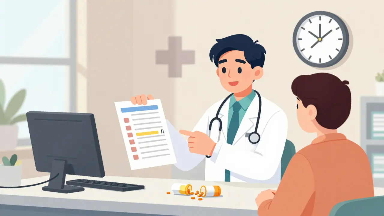 Médico y farmacéutico revisan juntos un cambio en la cobertura de un medicamento.