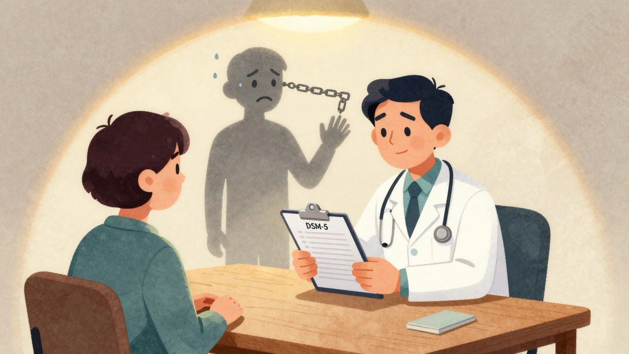 Médico y paciente conversando sobre dependencia y adicción, con sombras que representan ambos estados.