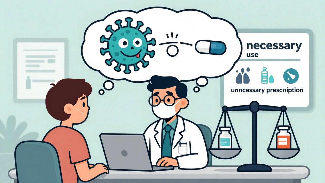 Médico y paciente en consulta, con un virus riéndose mientras un antibiótico intenta atacarlo sin éxito.