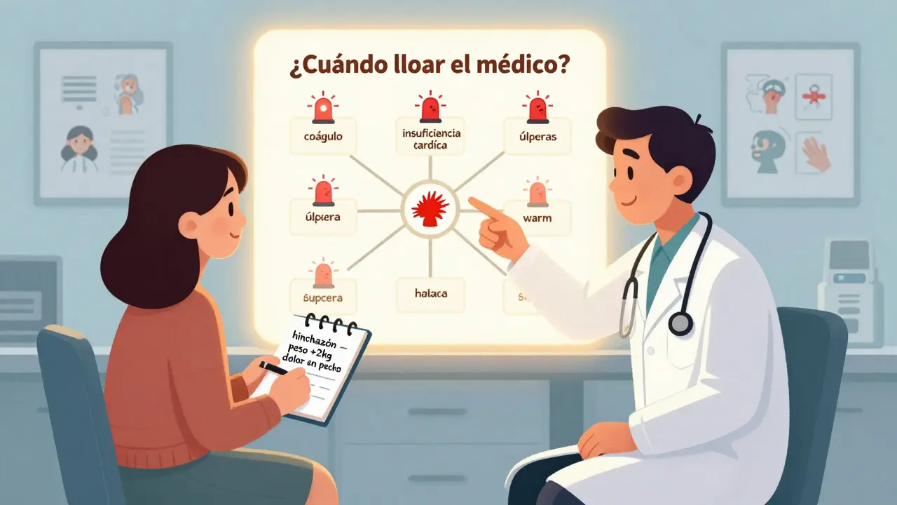 Médico y paciente revisan síntomas en una libreta, con un gráfico de alertas médicas ilustrado.