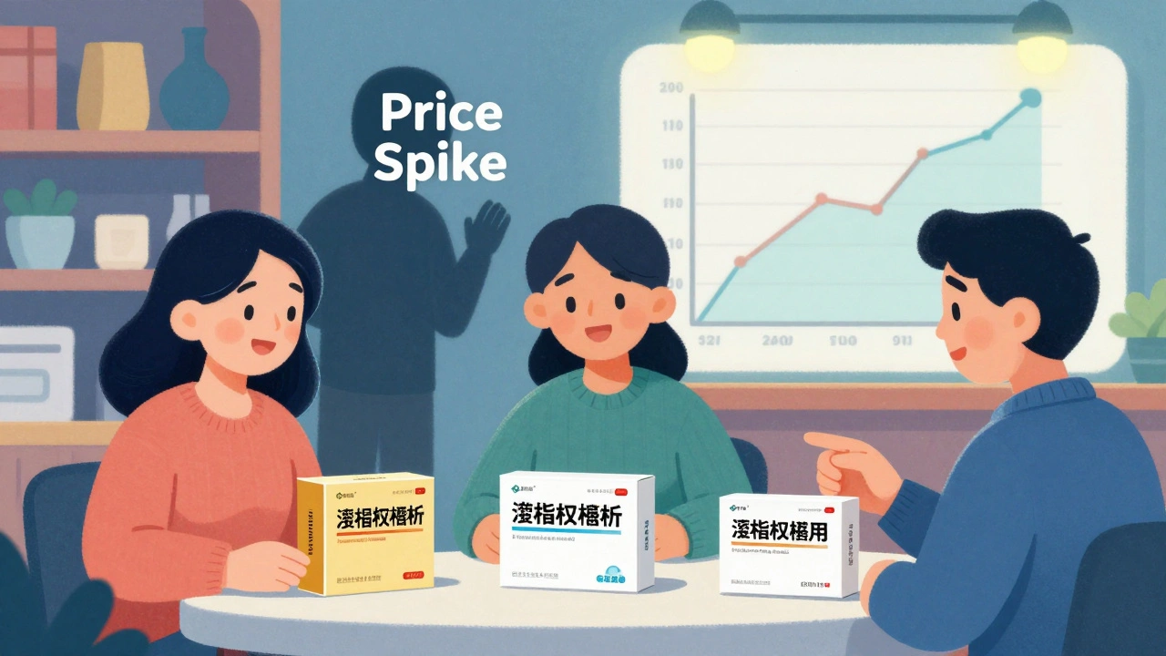 Mercado farmacéutico donde los clientes eligen la versión autorizada genérica, con gráficos de precios estables.