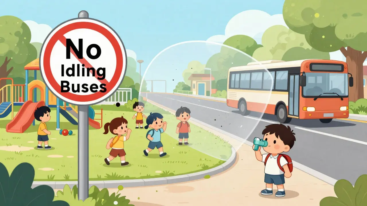 Niños juegan en un patio escolar lejos del tráfico, protegidos de la contaminación.