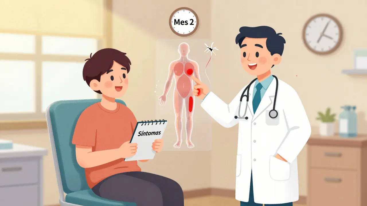 Paciente anotando síntomas mientras un médico muestra un diagrama de nervios afectados en manos y pies.