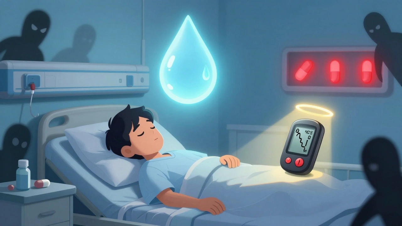 Paciente durmiendo mientras una gota de sudor gigante actúa como alarma en el hospital.