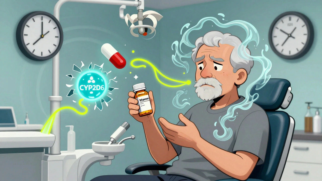 Paciente mayor en la silla del dentista con ondansetron y citalopram, mientras ondas de serotonina lo afectan.