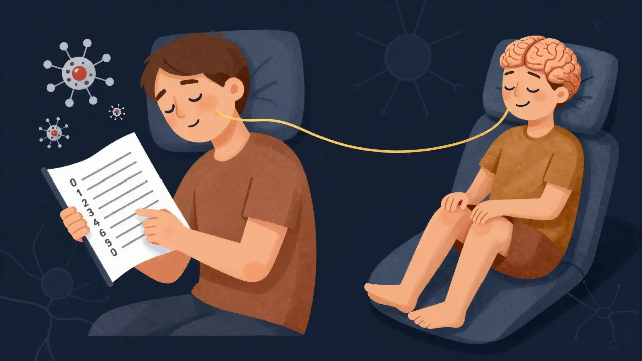 Paciente registrando síntomas mientras átomos de hierro y dopamina flotan cerca, en escena dividida.