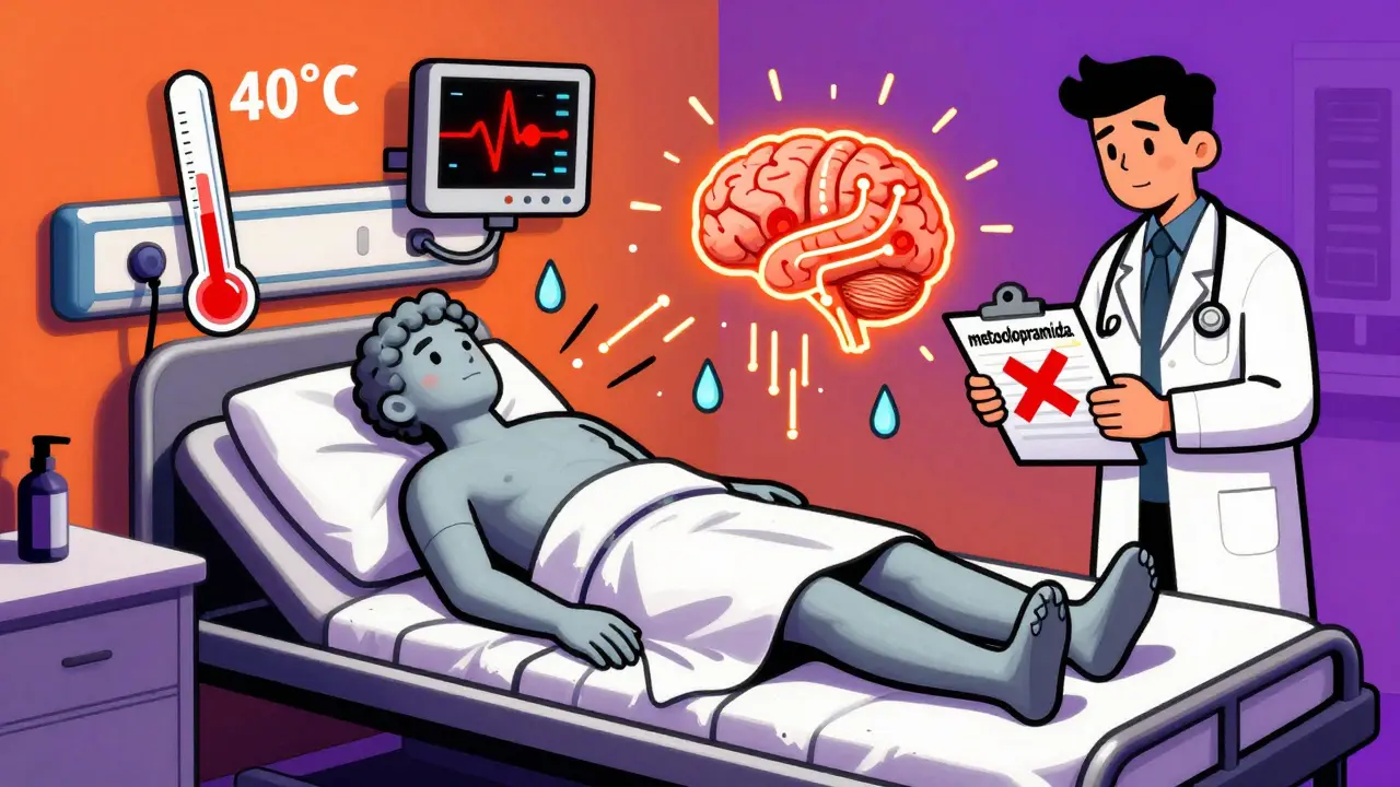 Paciente rígido con síntomas de síndrome neuroléptico maligno, símbolos médicos flotantes.