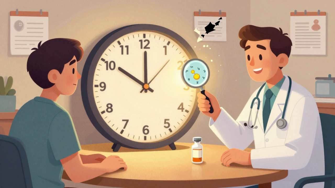 Paciente y médico con un reloj de calendarios, mostrando una reducción personalizada y segura de dosis.