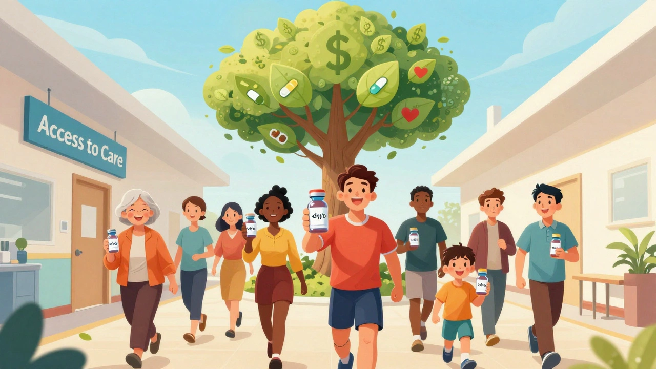 Pacientes caminan por un pasillo con botellas de biosimilares, árbol de acceso al cuidado.