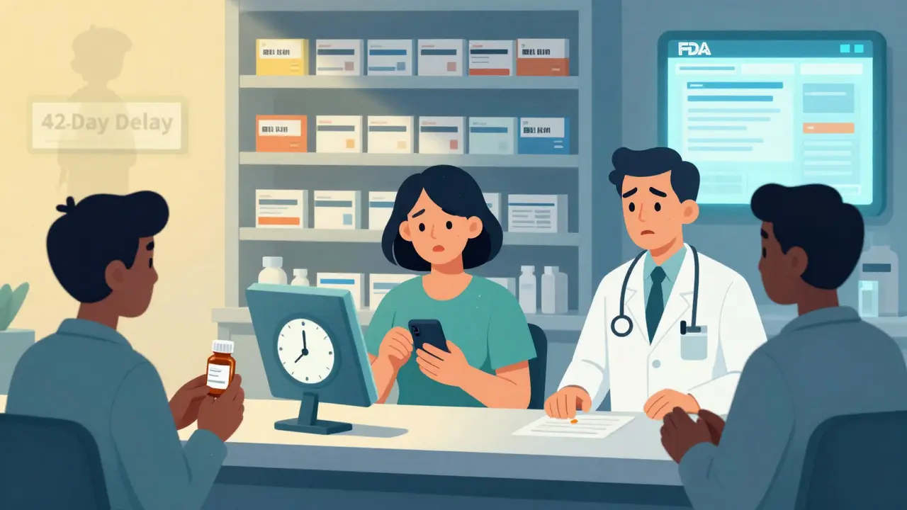 Pacientes en una farmacia verifican sus medicamentos en sus teléfonos mientras el farmacéutico responde, con una sombra que representa el retraso en los retiros.