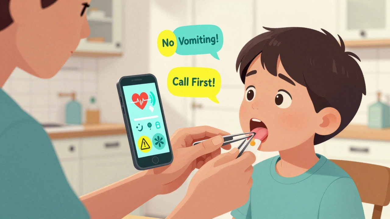 Padre retira un parche de la boca de un niño con pinzas mientras una voz médica guía desde el teléfono.