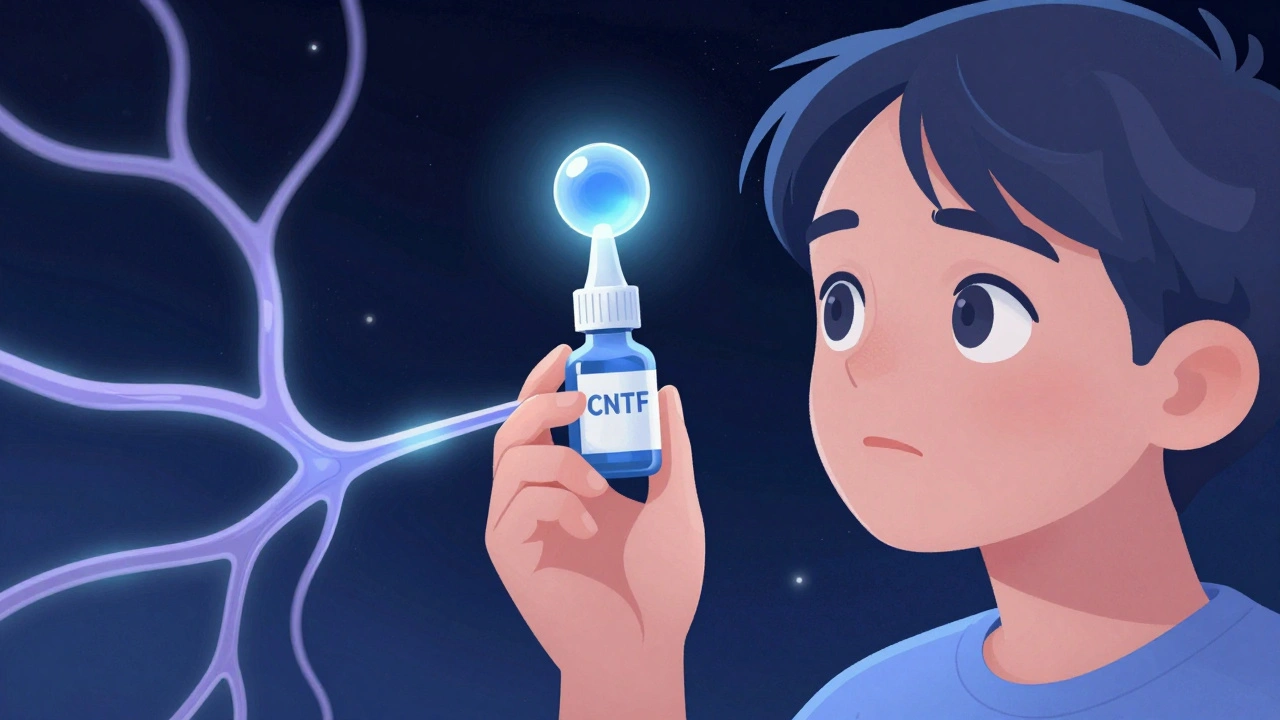 Persona aplicando gotas mientras fibras nerviosas se regeneran con luz brillante.