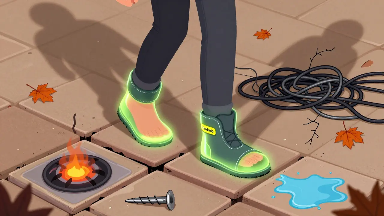 Persona caminando descalza sobre peligros, protegida por botas brillantes contra daños nerviosos.