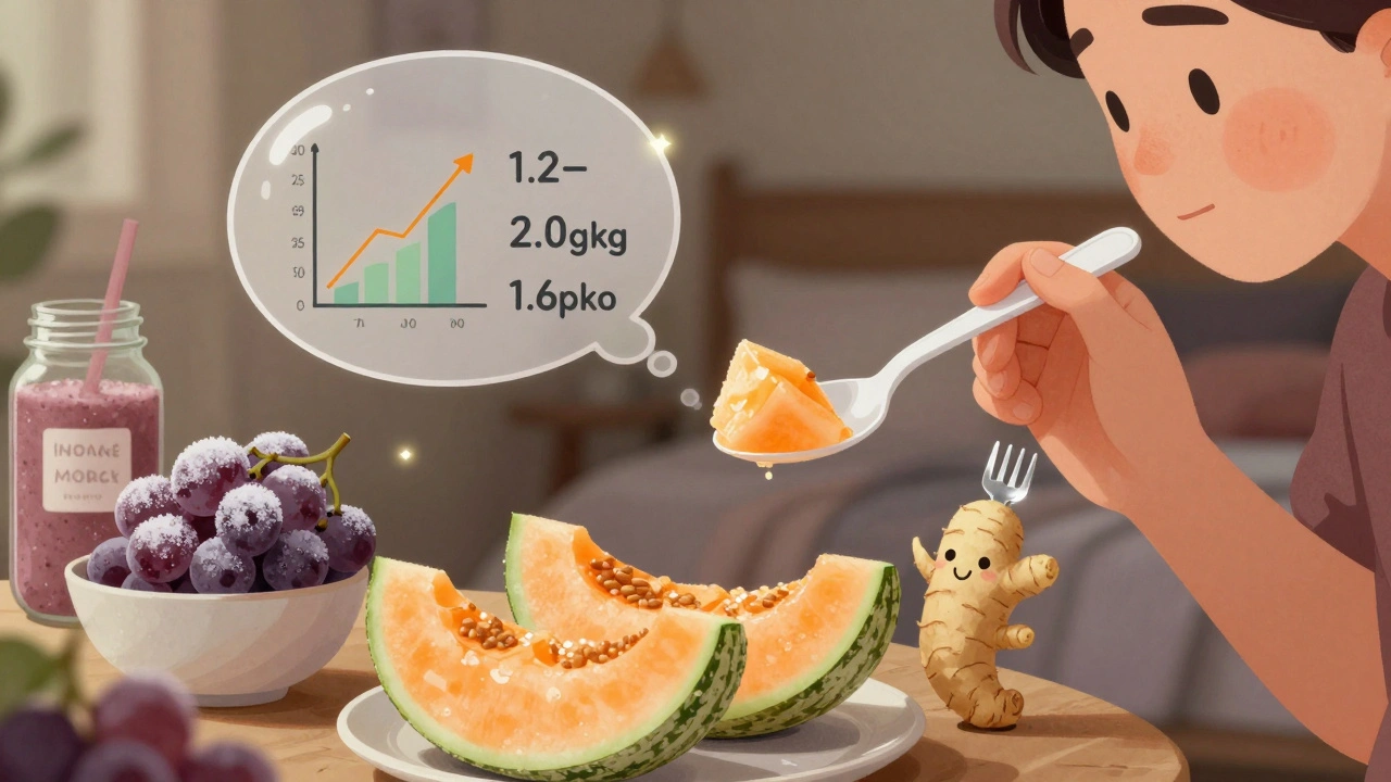 Persona comiendo melón frío con una cuchara de plástico mientras un jengibre sonríe junto a ella.