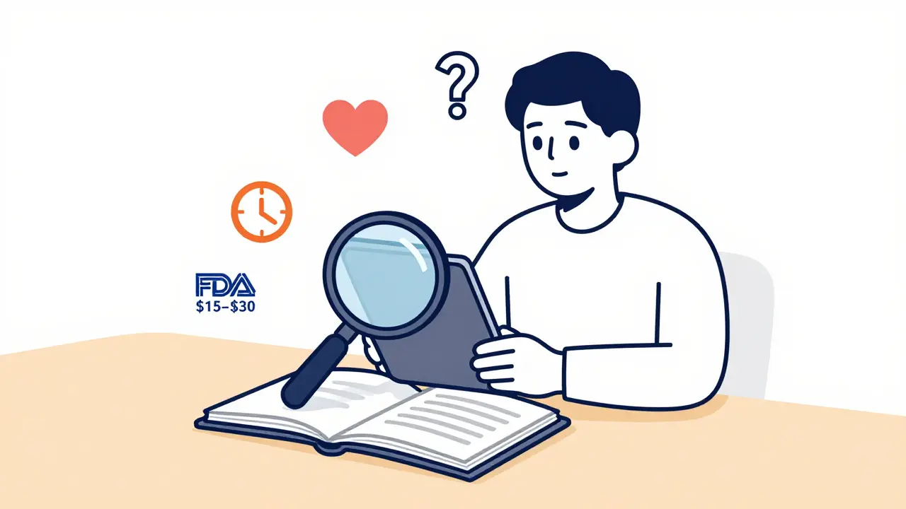 Persona consultando el libro FDA Orange Book con iconos de ahorro y seguridad flotando alrededor.